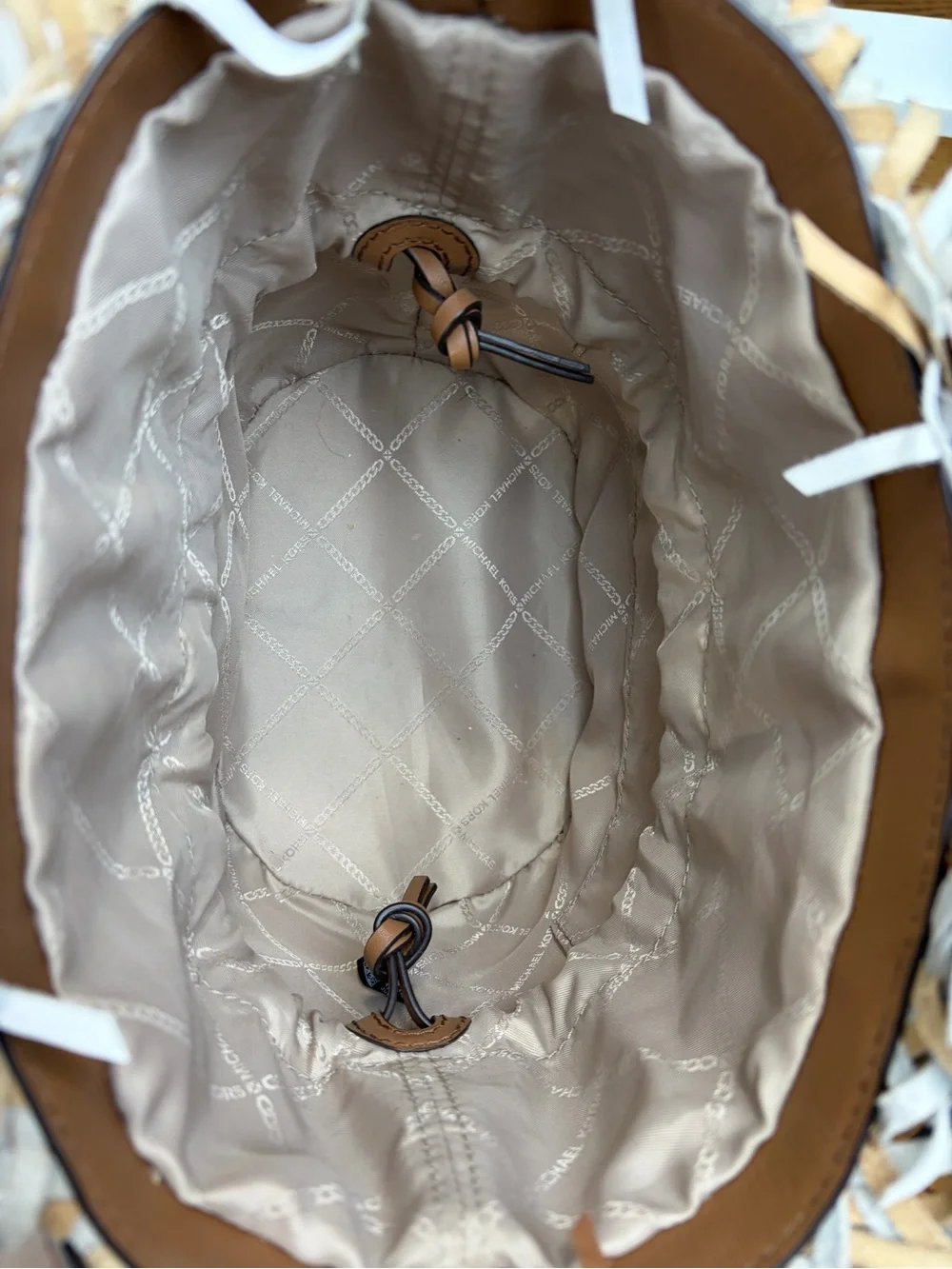 Michael Kors Marley Bucket Tan & White Woven Tote Bag